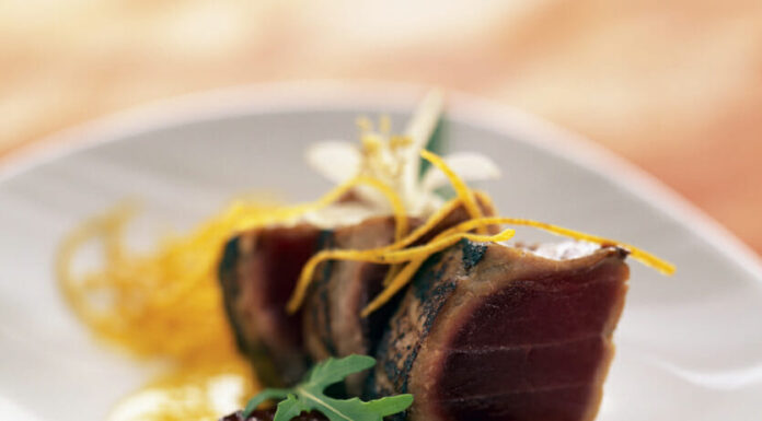 Seared Blue Fin Tuna with tomato and orange blossom confit