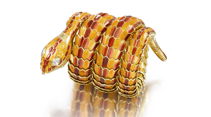 Luxury Jewelry in Mayfair: London’s Finest Boutiques From Bonham an Enamel and Diamond Serpenti Bracelet-Watch Bulgari lot 135