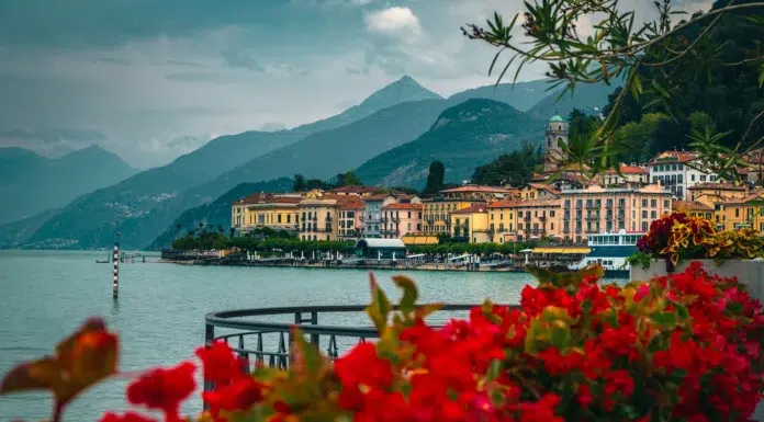 Luxury on Lake Como Stunning flowery waterfront of Lake Como near Bellagio, Lombardy, Italy. Photo via vecteezy