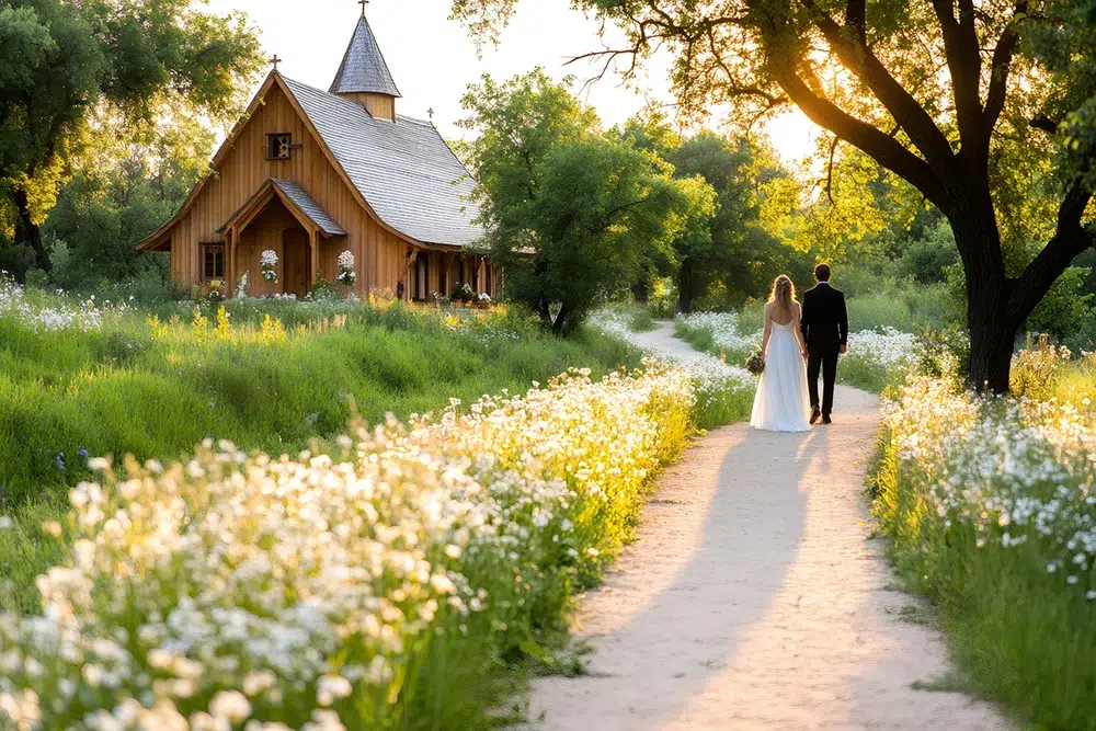 bride-and-groom-walking-away-from-wedding-chapel to begin their lives as husband and wife bride-and-groom-walking-away-from-wedding-chapel to begin their lives as husband and wife