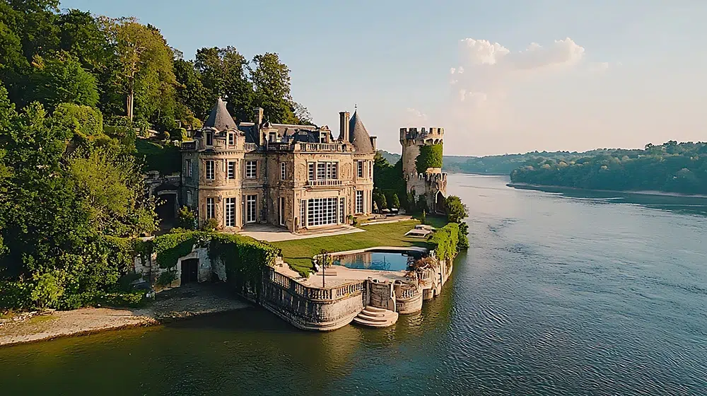 majestic-waterfront-castle chateau-with-pool-and-turret-ready to be decorated for the bride-to-be special event majestic-waterfront-castle chateau-with-pool-and-turret-ready to be decorated for the bride-to-be special event