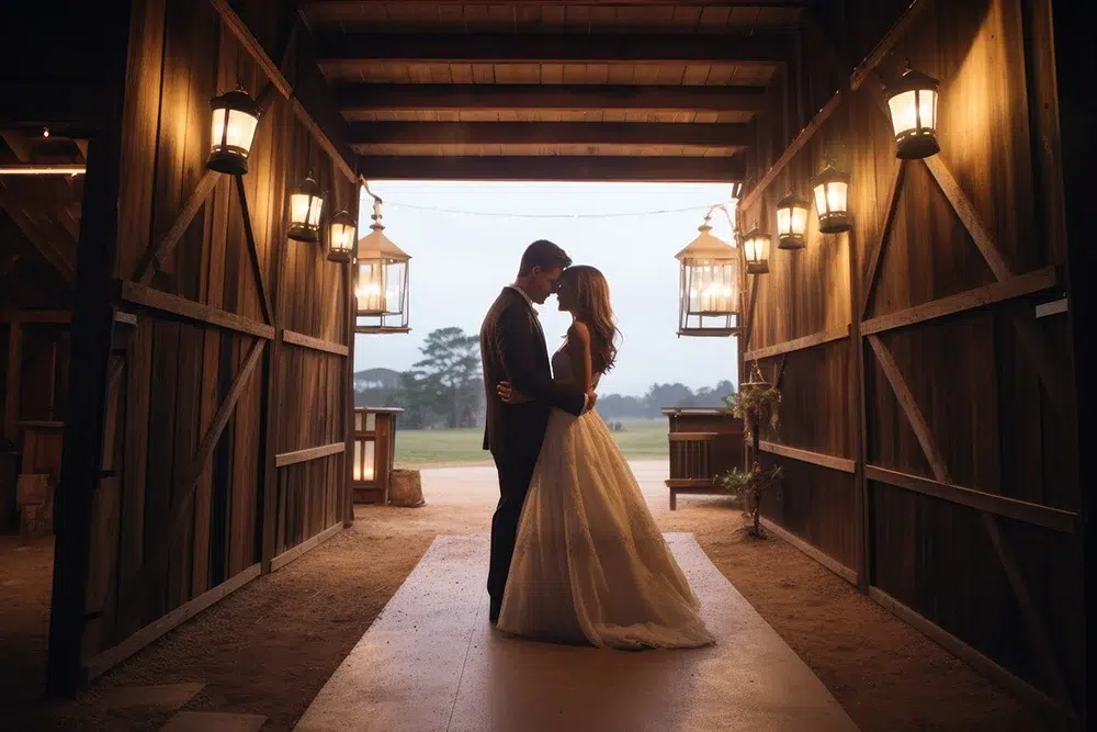 wedding-couple-in-a-simple yet elegant barn venue at-sunset ready to start their new life as husband and wife wedding-couple-in-a-simple yet elegant barn venue at-sunset ready to start their new life as husband and wife