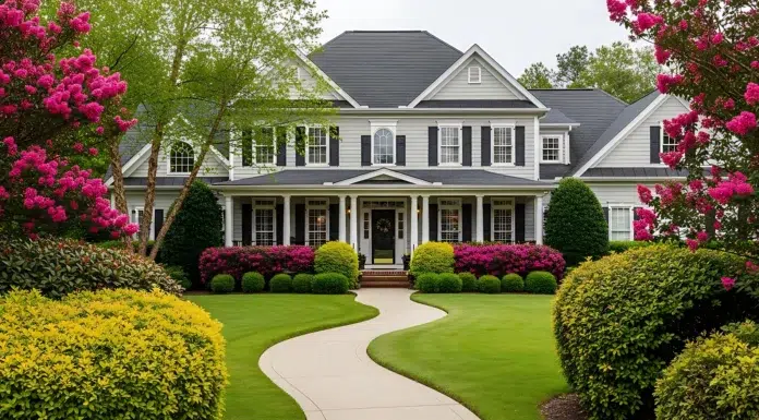 5 Tips To Increasing The Value Of Your Home Beautiful home exterior with landscaped garden and winding pathway. Photo via vecteezy