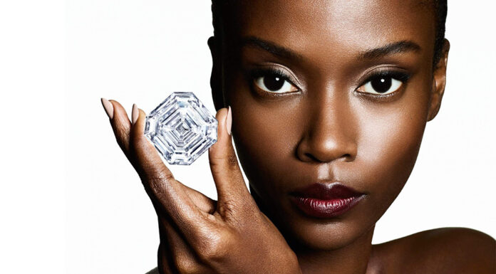 Graff’s Lesedi La Rona, the Largest Square Emerald-Cut Diamond Model holding Graff Lesedi La Rona, Largest Square Emerald Cut Diamond In The World