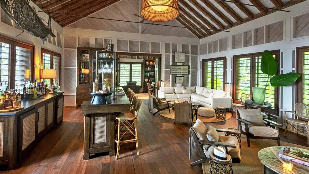 Luxurious lounge at Islas Secas, Panama, featuring handcrafted interiors, natural textures, and ocean breezes.