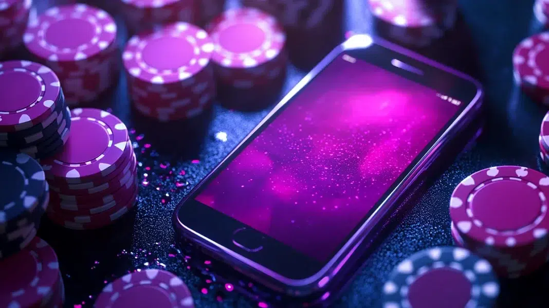 playing poker smartphone-displaying-gambling-app-surrounded-by-poker-chips playing poker smartphone-displaying-gambling-app-surrounded-by-poker-chips