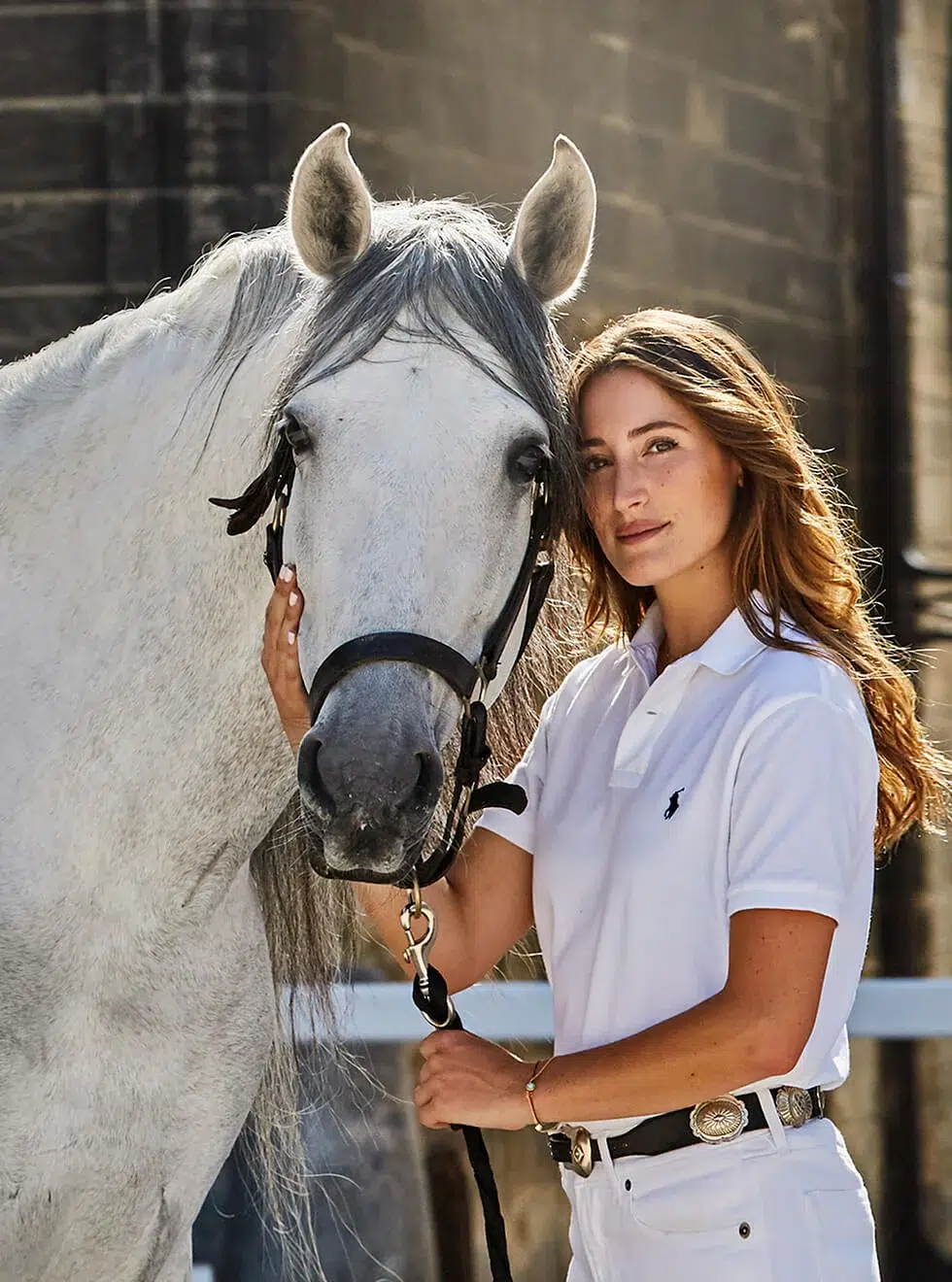 Jessica Springsteen with her white horse Jessica Springsteen with her white horse