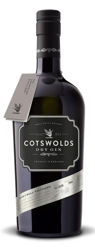 Cotswolds Dry Gin Cotswolds Dry Gin bottle, a handcrafted English gin known for its bold juniper and fresh citrus profile.