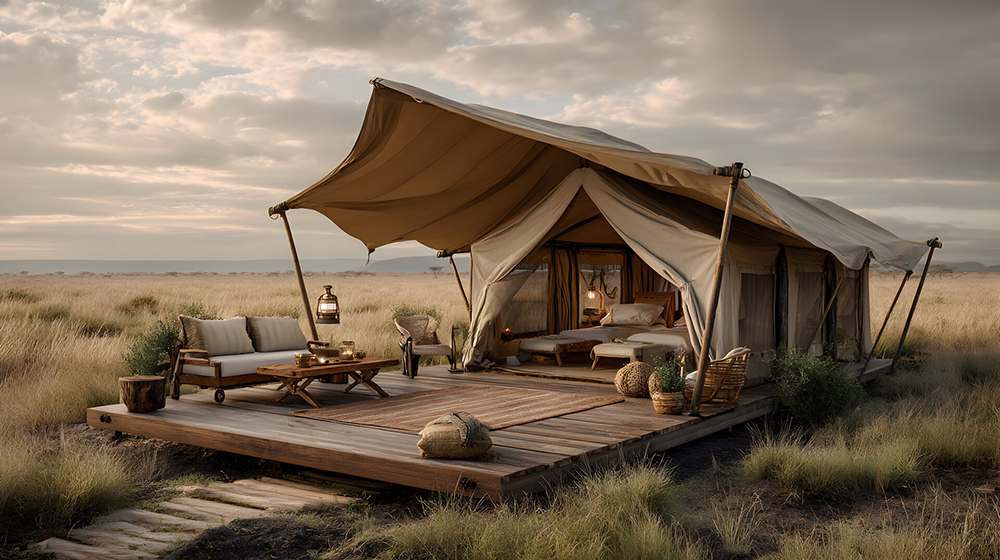 Experience luxurious camping in a beautiful tent with breathtaking nature views, offering comfort and adventure