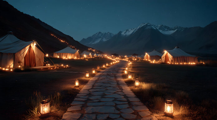 Luxury Glamping Tips for the Ultimate Outdoor Escape Experience serene glamping beneath a starlit sky with tents, lanterns, and mountains during the night time