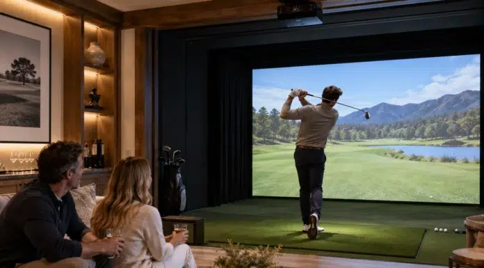 5 Expert Tips For Buying Your First Golf Simulator Playing at home with a Golf Simulator. AI Image by ChatGPT
