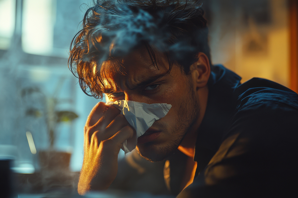 a man covering his nose due to the bad smell in the home