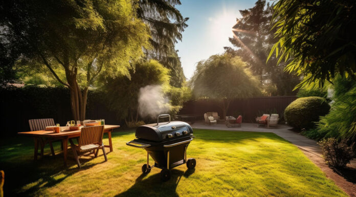 How to Make Sure You Don’t Have Garbage Dispersed in Your Yard Outdoor dining table and barbeque grill in the back yard of a house.