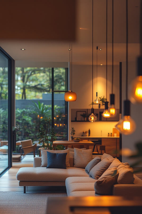Modern living room being lit by hanging filament lightbulbs