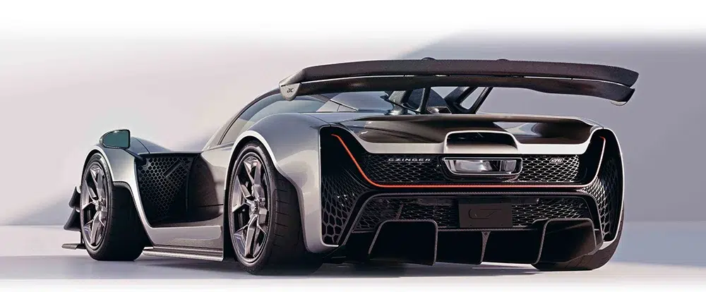 Showing the widebody rear low eye level of the fast Czinger 21C automobile Showing the widebody rear low eye level of the fast Czinger 21C automobile