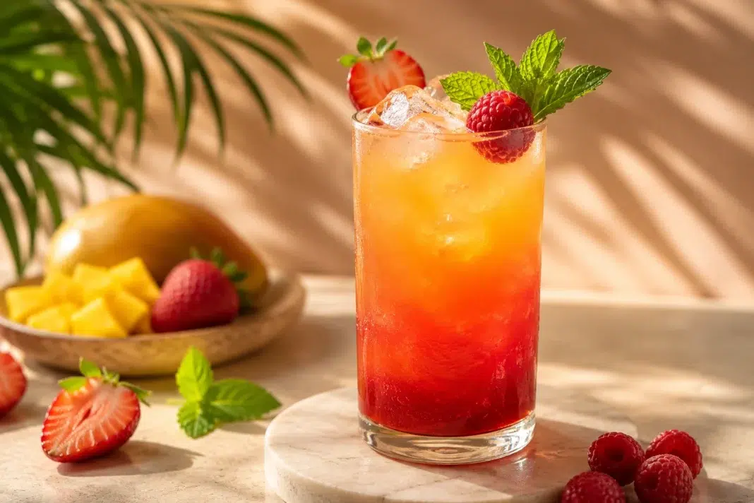 The Raspberry Sunrise cocktail. AI Image by ChatGPT The Raspberry Sunrise cocktail. AI Image by ChatGPT