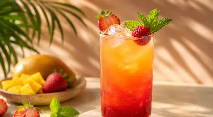 The Raspberry Sunrise: A Bright, Fruity Summer Cocktail The Raspberry Sunrise cocktail. AI Image by ChatGPT