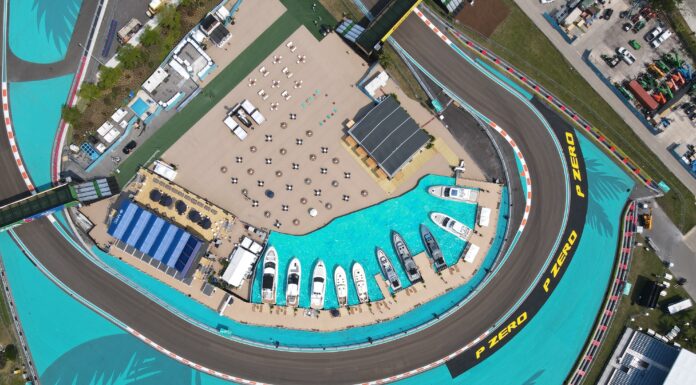 Experience the Thrill of the Miami and Monaco Grand Prix 2022 on a Luxury Yacht Charter Aerial View of the F1 Miami Grand Prix Yacht Club. Photo source denisonyachtsales.com