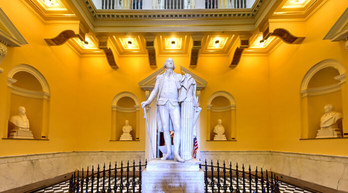 7 Things to do in West Virginia Richmond, Virginia - Feb 19, 2017: Monument to George Washington in the rotunda in the Virginia State Capitol in Richmond, Virginia.