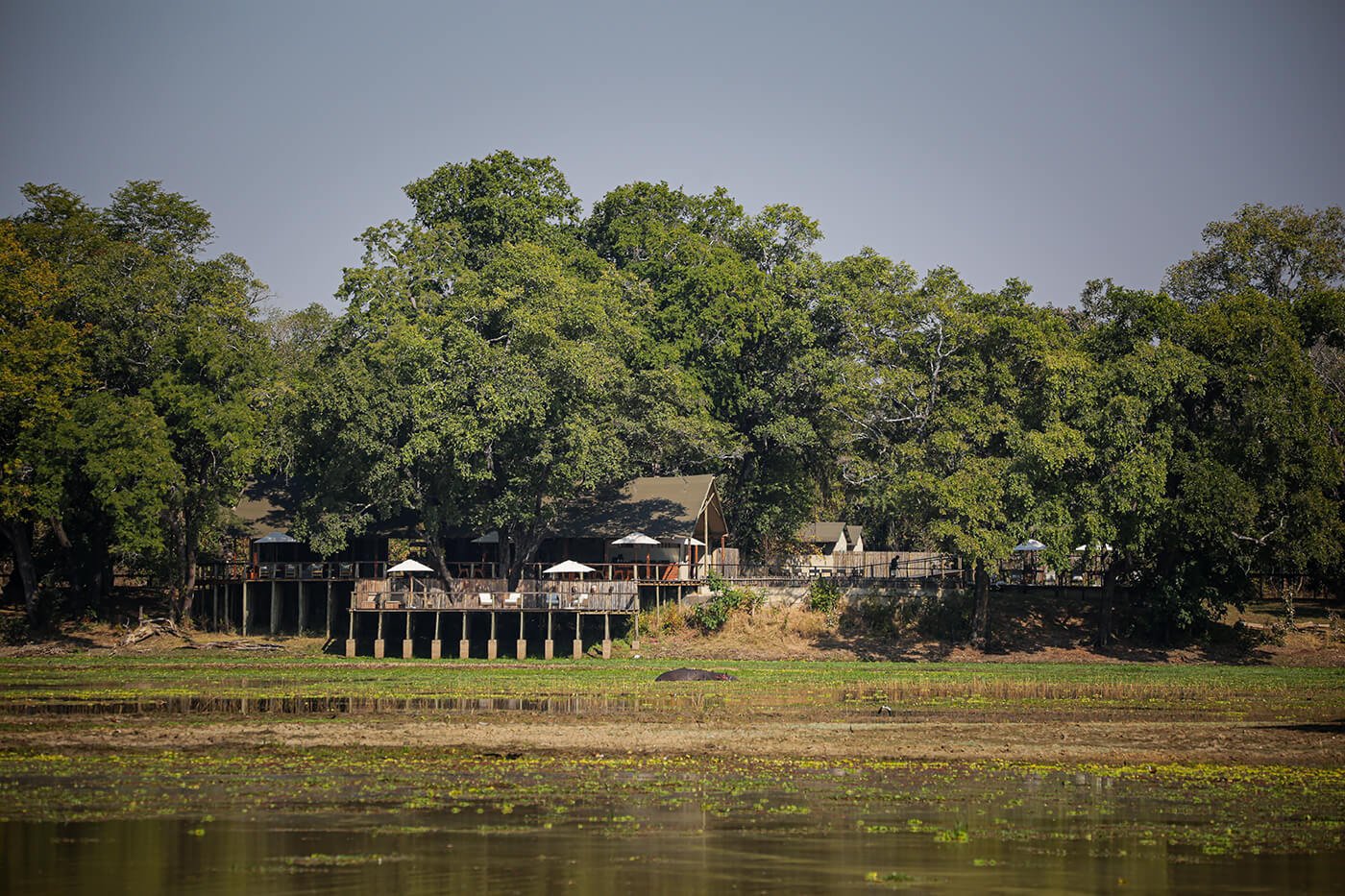 The main deck is seen from across the Sungani Lagoon, with the ever-present hippos in the foreground. Photo by Heléne Ramackers The main deck is seen from across the Sungani Lagoon, with the ever-present hippos in the foreground. Photo by Heléne Ramackers