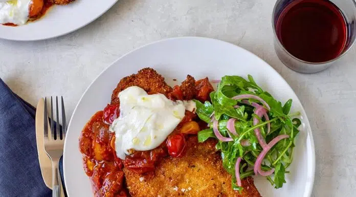 Chicken Cutlets With Burrata and Melted Baby-Tomato Sauce Scott Conant. Peace Love Pasta. Photo by Ken Goodman