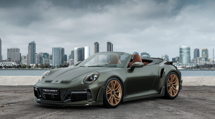 TECHART GTsport Individualization concept for Porsche 911 Turbo S Model TECHART 992.1 GTsportCab Aventurinegreen Brown