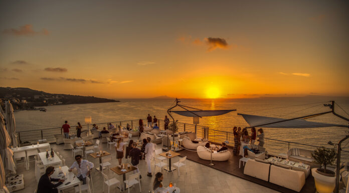 Hotel Mediterraneo in Beautiful Sorrento Vista Sky Bar aperitif at sunset at Hotel Mediterraneo in Sorrento, Italy
