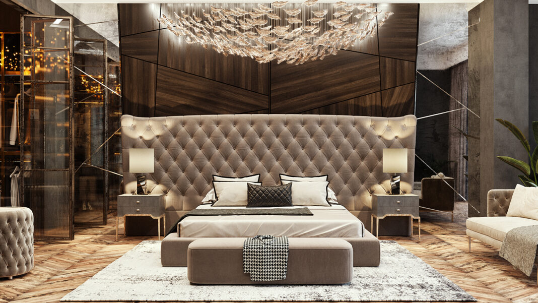 Luxury bedroom apartment design. 3D render. Interior visualizati