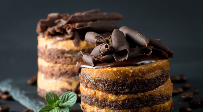 Sweet Treats: Gourmet Coffee Dessert Ideas Chocolate cakes on black slatter board with mint, coffee beans o
