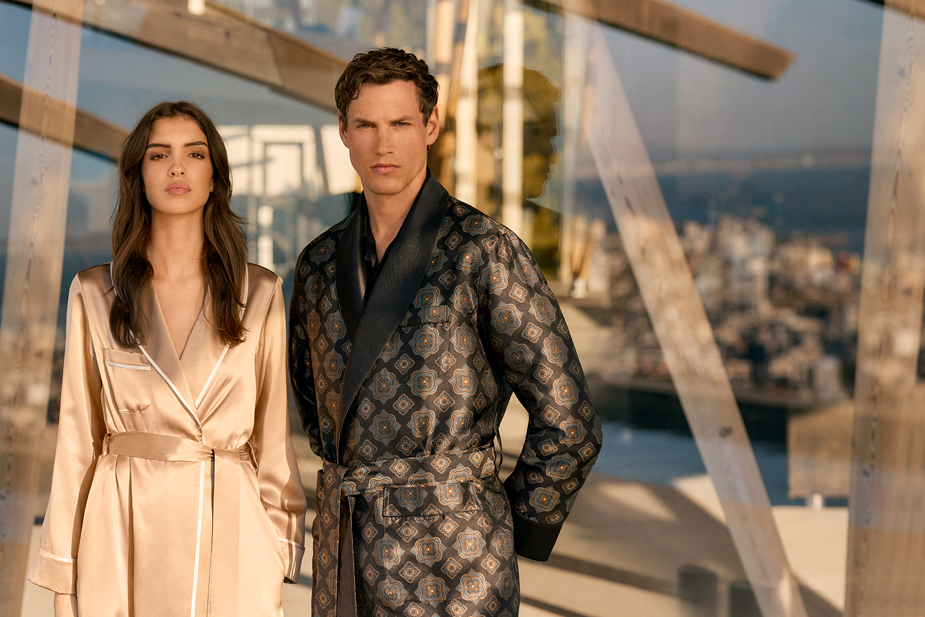 Women silk Satin Gown and Men's Silk Jacquard Smoking Jacket Women silk Satin Gown and Men's Silk Jacquard Smoking Jacket