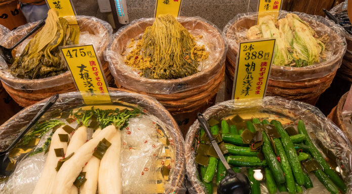 Exploring Gastronomic Luxury in Osaka: A Culinary Jewel of Japan Kyoto, Japan - November 21, 2019: Nishiki market - pickled veggies.