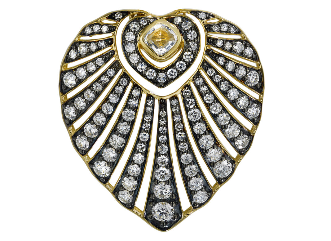 By Pariah 14k Yellow Gold Aurora White Diamond Pendant with White Sapphire Cushion Center $9,150 www.bypariah.com COUTURE