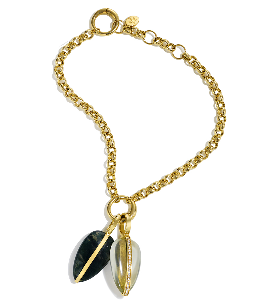 By Pariah 14k Yellow Gold Collector Bracelet Moss Agate Pebble Pendant & Green Amethyst Diamond Pebble Pendant $4,865 www.bypariah.com COUTURE By Pariah 14k Yellow Gold Collector Bracelet Moss Agate Pebble Pendant & Green Amethyst Diamond Pebble Pendant $4,865 www.bypariah.com COUTURE