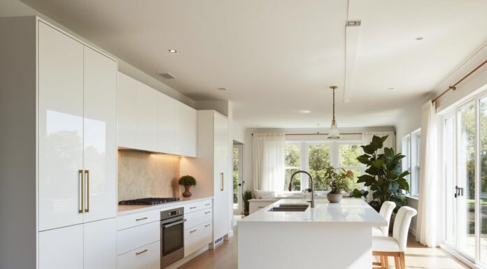 The Secret to a Luxe-Looking Kitchen on a Budget A Modern Open Plan Kitchen featuring glossy white cabinets. Photo by freepik