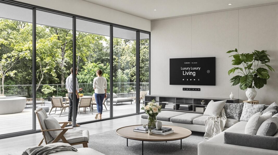 Expansive modern luxury living room with indoor-outdoor flow and 'Luxury Living' on smart display. Photo courtesy of AI thru babylovegrowth.ai