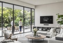 Expansive modern luxury living room with indoor-outdoor flow and 'Luxury Living' on smart display. Photo courtesy of AI thru babylovegrowth.ai