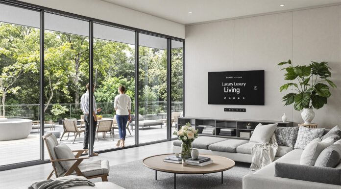 Modern Luxury Home Design Trends for Affluent Lifestyles 2025 Expansive modern luxury living room with indoor-outdoor flow and 'Luxury Living' on smart display. Photo courtesy of AI thru babylovegrowth.ai