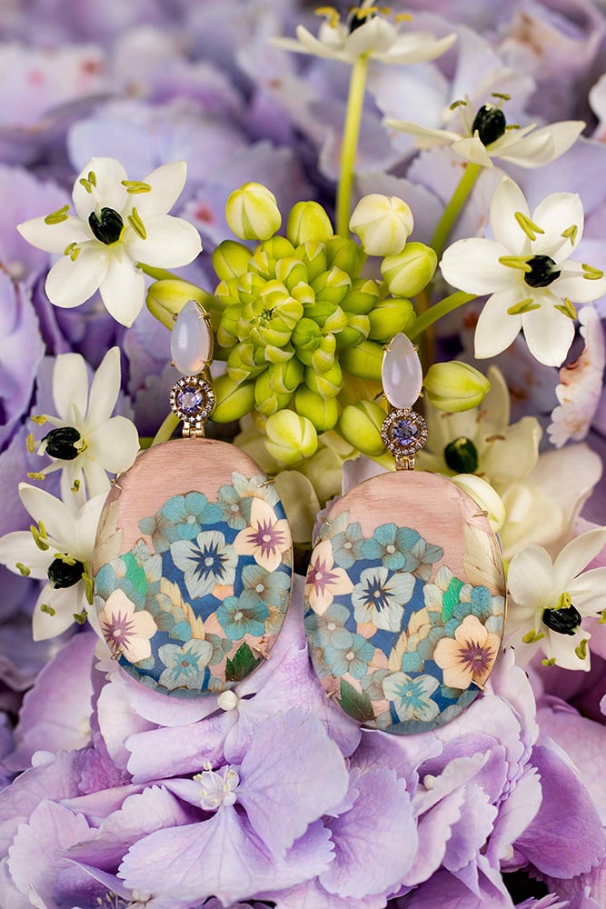 Marquetry earrings with pastel orchid motif Marquetry earrings with pastel orchid motif