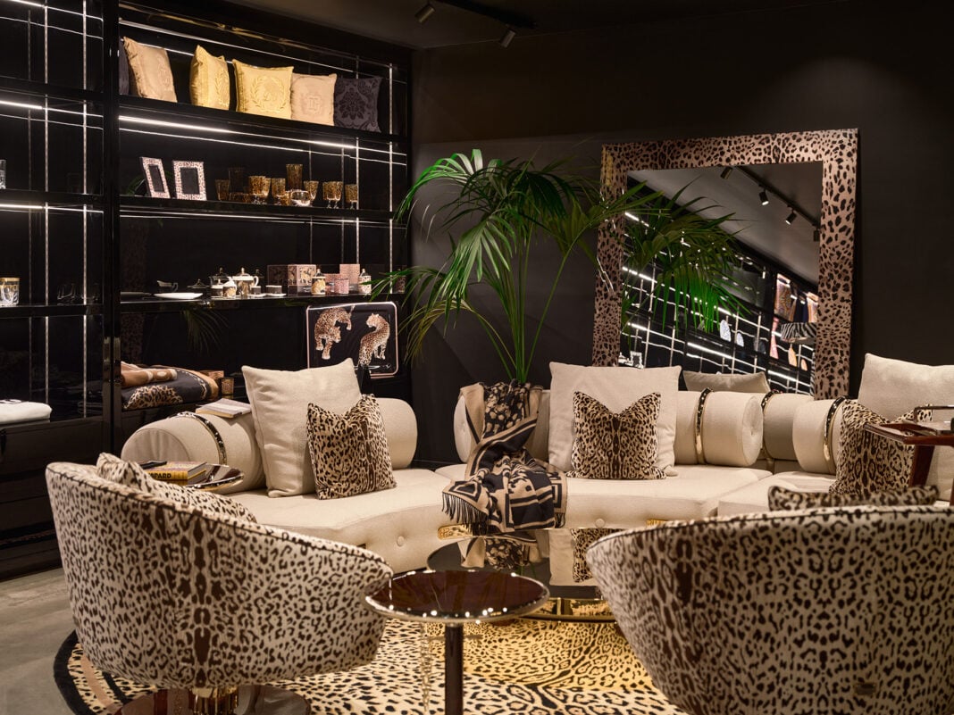A bold Dolce & Gabbana Casa living room, featuring a full leopard print look. Showcased at Maison Territo, this setup capture