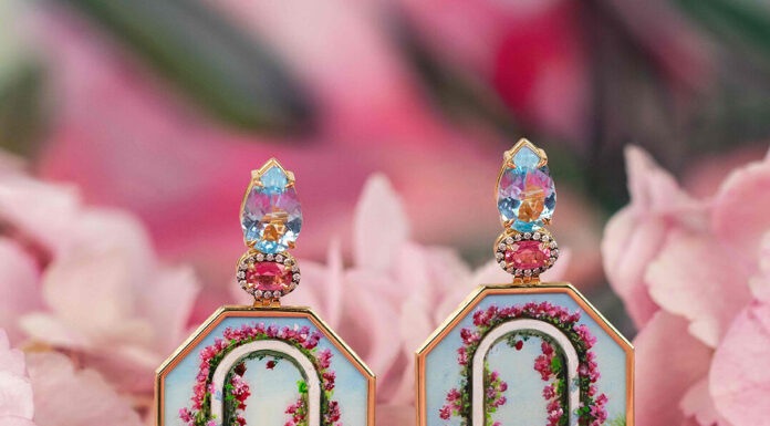 Silvia Furmanovich Brings Exquisite Jewelry to The Vault Nantucket Miniature painting earrings depicting white archway and pink flowers