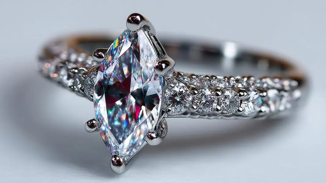 Stunning marquise diamond engagement ring with intricate band design and sparkling accents
