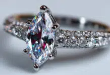 Stunning marquise diamond engagement ring with intricate band design and sparkling accents