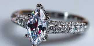 Stunning marquise diamond engagement ring with intricate band design and sparkling accents