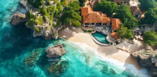 Luxurious resort nestled on a secluded beach with crystal-clear turquoise water, embracing island paradise
