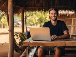 digital nomad working on the laptop at Laos