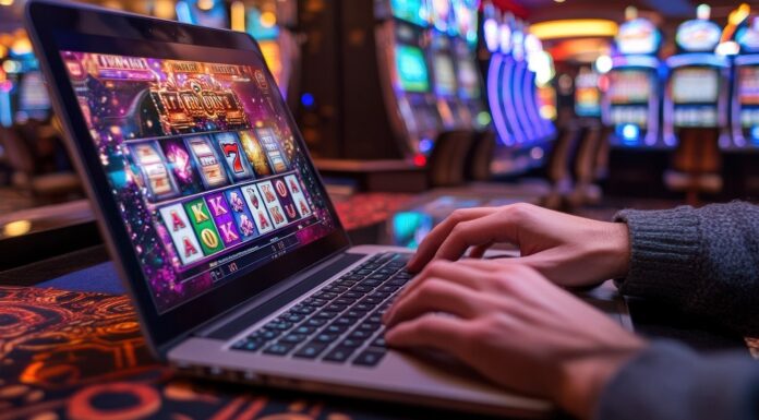 Lifestyle Trends Shaping the Popularity of Online Slots in Digital Leisure A person engages with a laptop displaying slot games, surrounded by a vibrant casino atmosphere