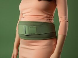 Pregnant woman wearing a belly band for support belt for her abdomen