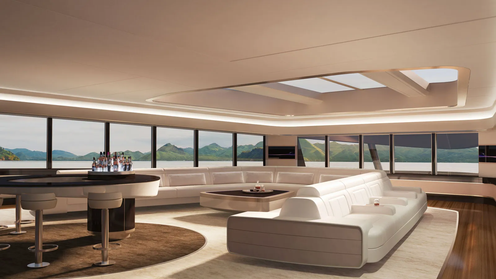 Luxurious interior lounge of Xplorer 105 yacht featuring panoramic windows and circular bar. Luxurious interior lounge of Xplorer 105 yacht featuring panoramic windows and circular bar.