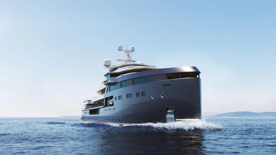 Xplorer 105 expedition superyacht cruising at sea under clear blue skies.