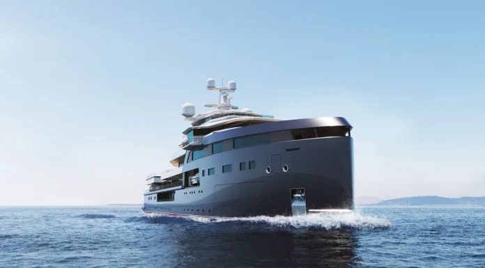 Xplorer 105 — The Summit of Luxury Expedition Yachting Xplorer 105 expedition superyacht cruising at sea under clear blue skies.